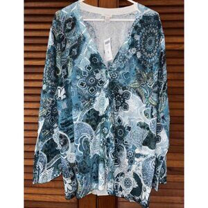 Chico's Scattered Paisley Flawless Cardigan Sweater Mallard Teal Size 3 NWT